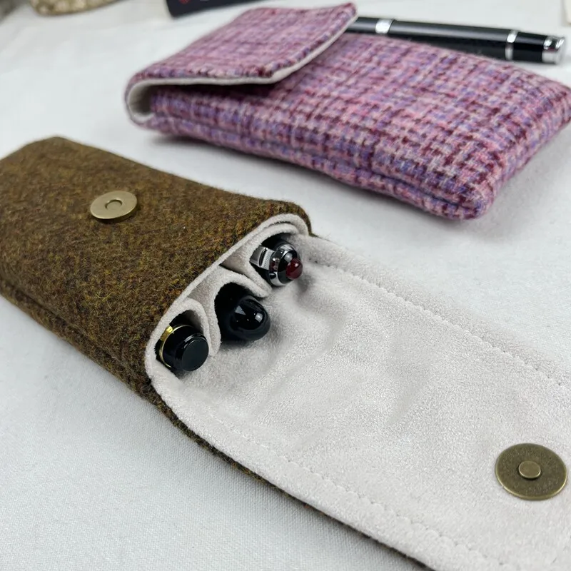 Retro Harris Tweed Pen Case 3-piece Set Wool Pencil Holder Portable Pen Pouch 15x7.5cm
