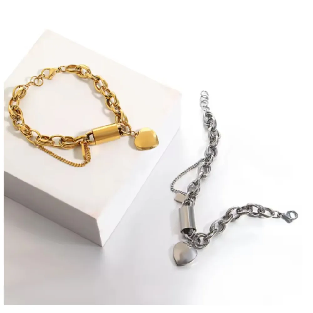 

D LOVE&NAME Gold Color Thick Chain Stainless Steel Bracelets for Women Fashion Design Heart Love Pendant Wrist Jewelry