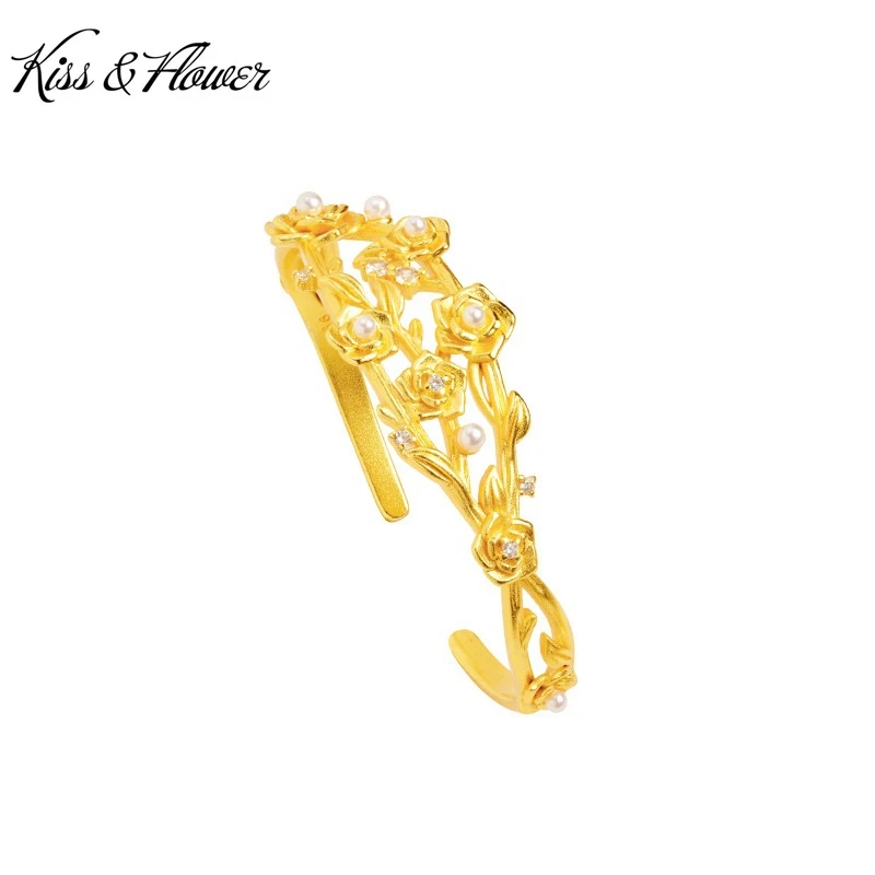 

KISS&FLOWER Gold Vintage Flower Bracelets Bangles For Women Wedding Party Birthday Christmas Bride Mother Girl Ladies Gift BR356