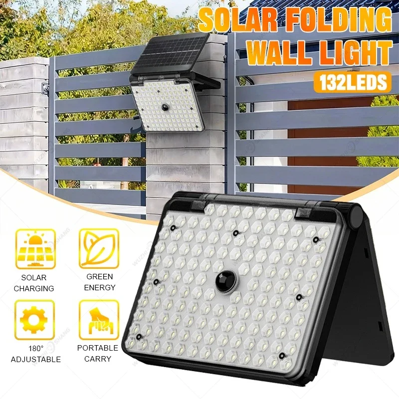 

На солнечной энергии 180° ° Складной светильник для кемпинга, 2026, новый дизайн, 132 светодиода, водонепроницаемый, наружный, регулируемый, прожектор, сад, двор, стена