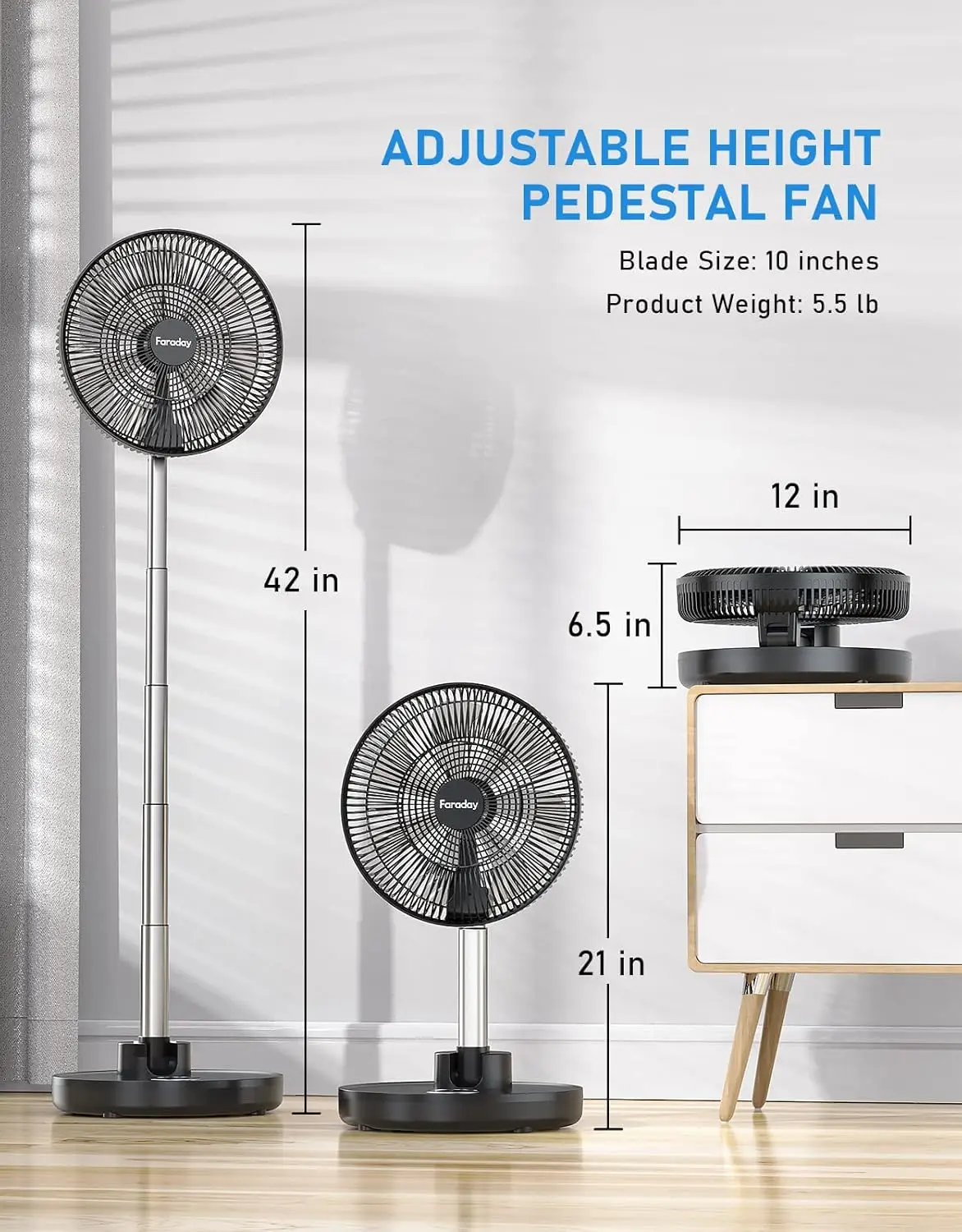 Oscillating Standing Fan 12” Foldable Portable Quiet Floor Fan 12000mAh Rechargeable Pedestal Fan with Remote, Timer Set