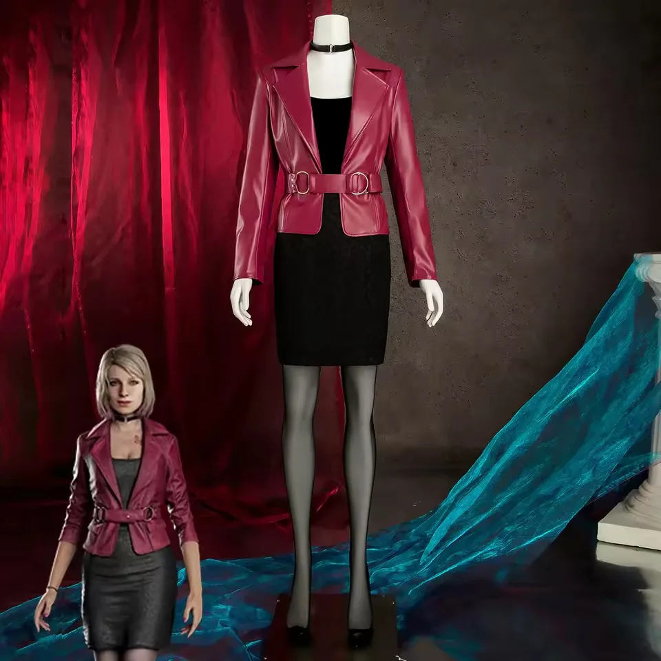 Weibliches Horror-Spiel-Cosplay-Kostüm Rote Lederjacke & Schwarzes Kleid Halloween-Outfit
