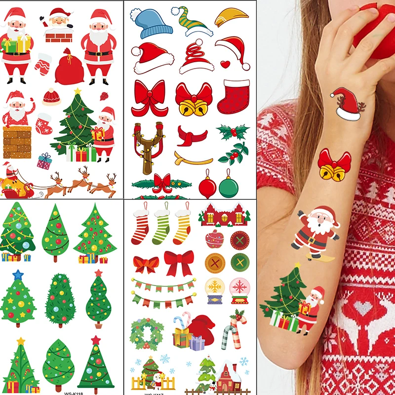 Children Christmas Temporary Tattoo Stickers Santa Claus Snowman Cartoon Animal Tattoo Transfer Paper Kids Cute Body Decoration