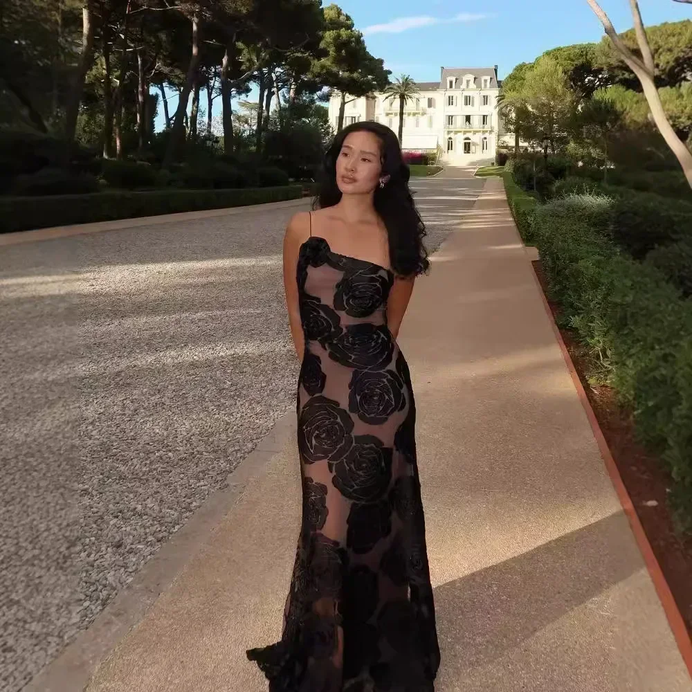 Suninheart Evening Dresses Women Elegant 2024 One Shoulder Sexy Mesh Dress Maxi Flower Wedding Guest Party Dresses Bodycon