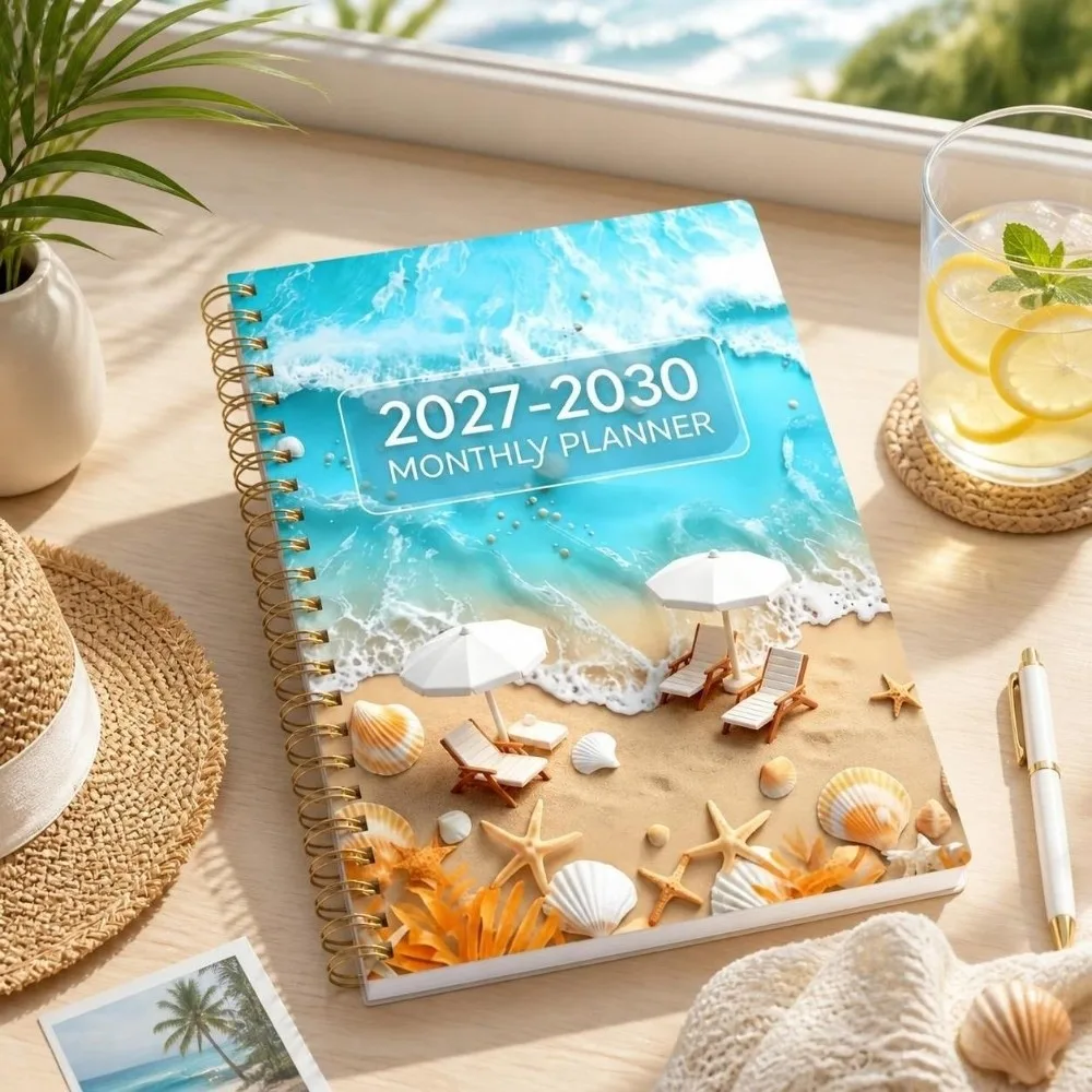 Beach Theme Cover 2027-2030 Monthly Calendar Spiral Bound A5 Annual Calendar Notebook Ocean Seashell Covered 4-Year Plan Book