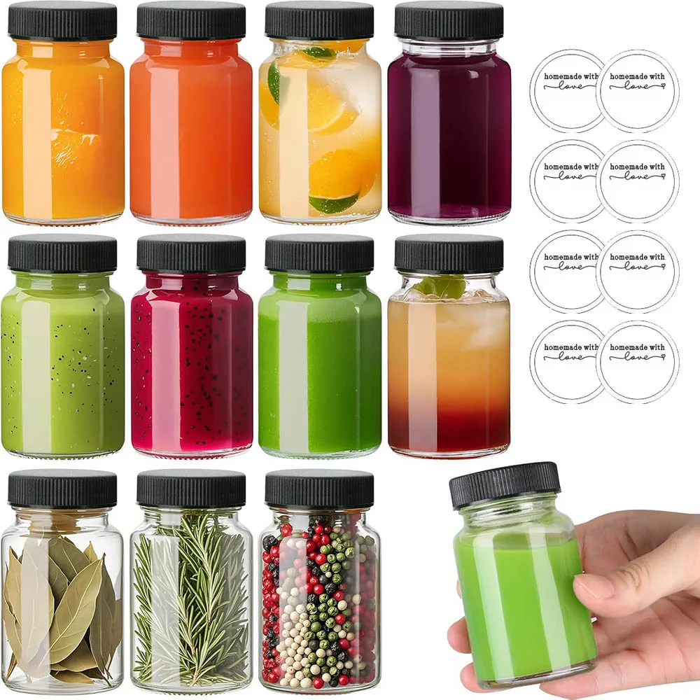 2oz Glass Ginger Shots Bottle with Caps, 60 ml Juice Shot Bottles,Leakproof Small Glass Bottles with Lids for Ginger,Beverages