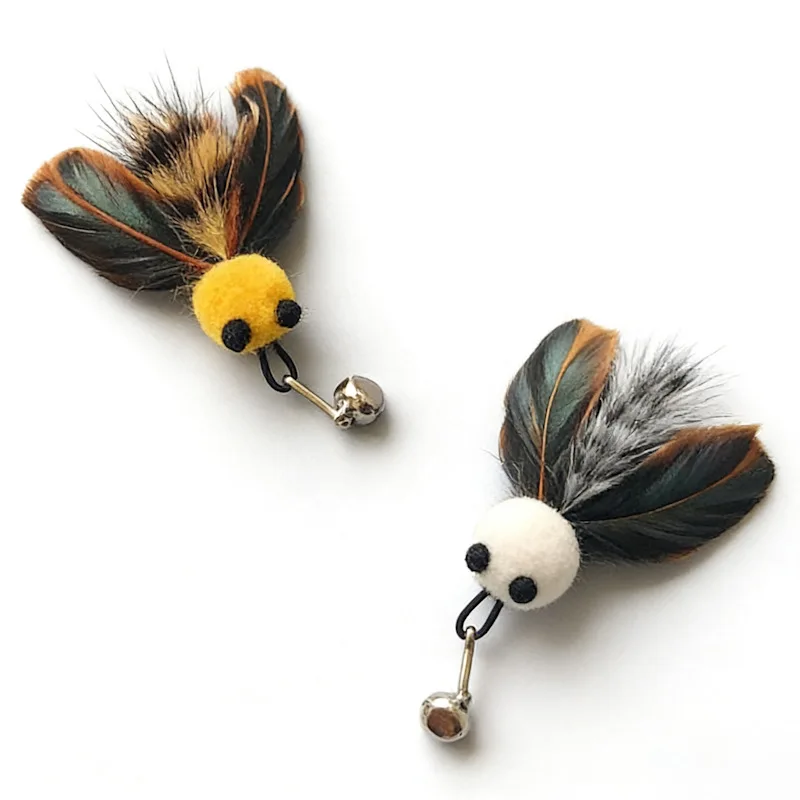 2 piezas de juguete interactivo para gatos y gatitos, tipo varita de peluche con plumas de abeja que imitan insectos, con cabezas intercambiables