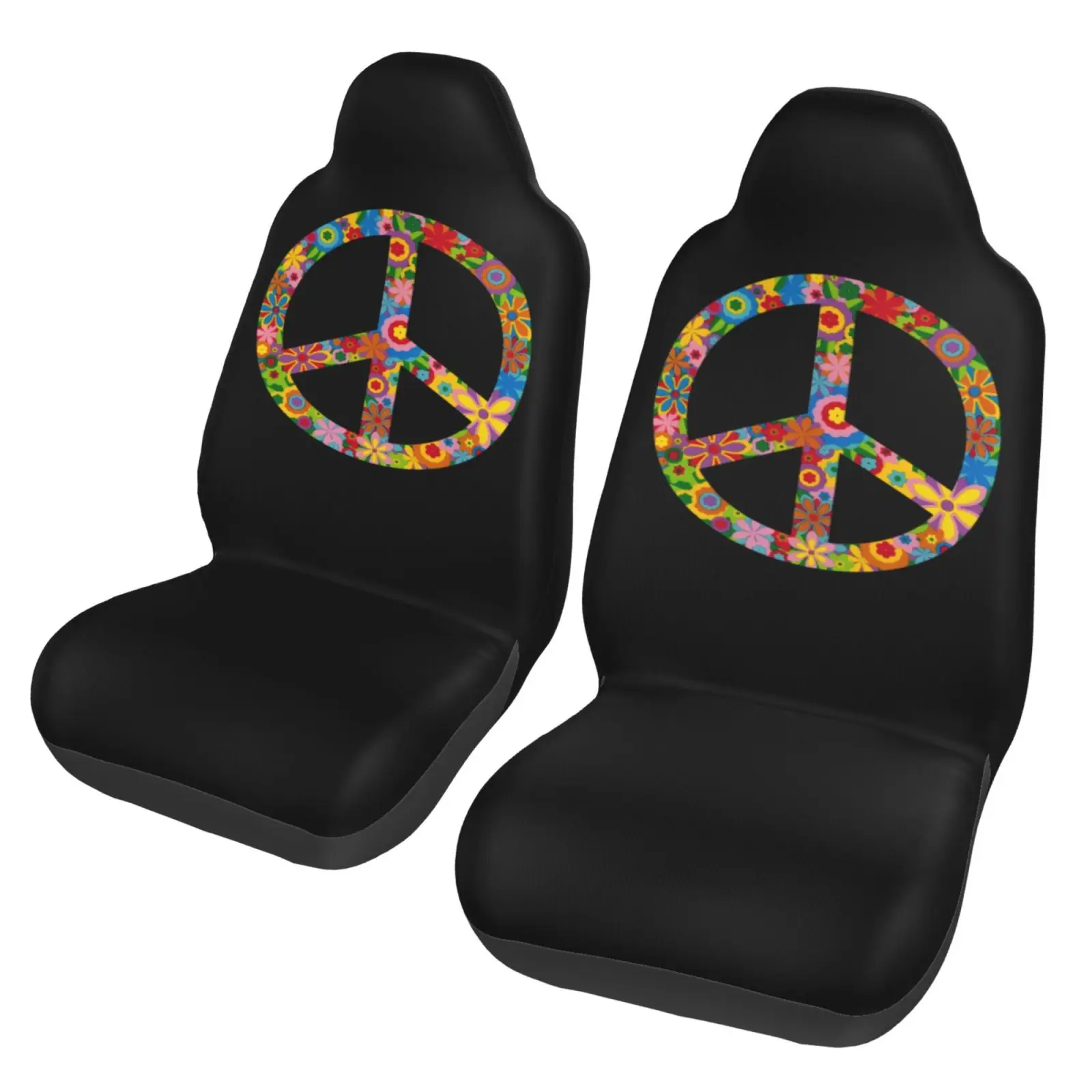 Colorful Flowers and Peace Sign Car Seat Covers Set of 2 Front Bucket Seat Protector Accessories Universal Fit Most Cars Trucks
