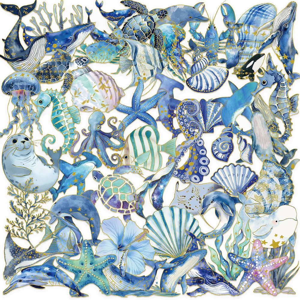 10/30/50pcs Cool Blue Marine Animals Stickers Cartoon Shell Seafish Octopus Decal DIY Luggage Phone Transparent Graffiti Sticker