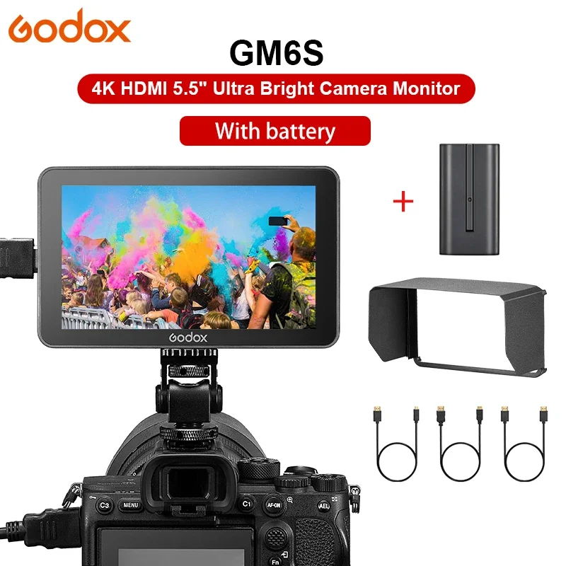 GODOX GM6S Portable Monitor 5.5-inch 4K HDMI Touch Screen DSLR Camera Monitor Photo Video Focus Outdoor Shooting with Battery