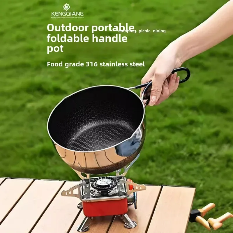 Outdoor mountaineering 316 stainless steel folding soup pot household picnic pot 2-piece set pot camping portable frying pan