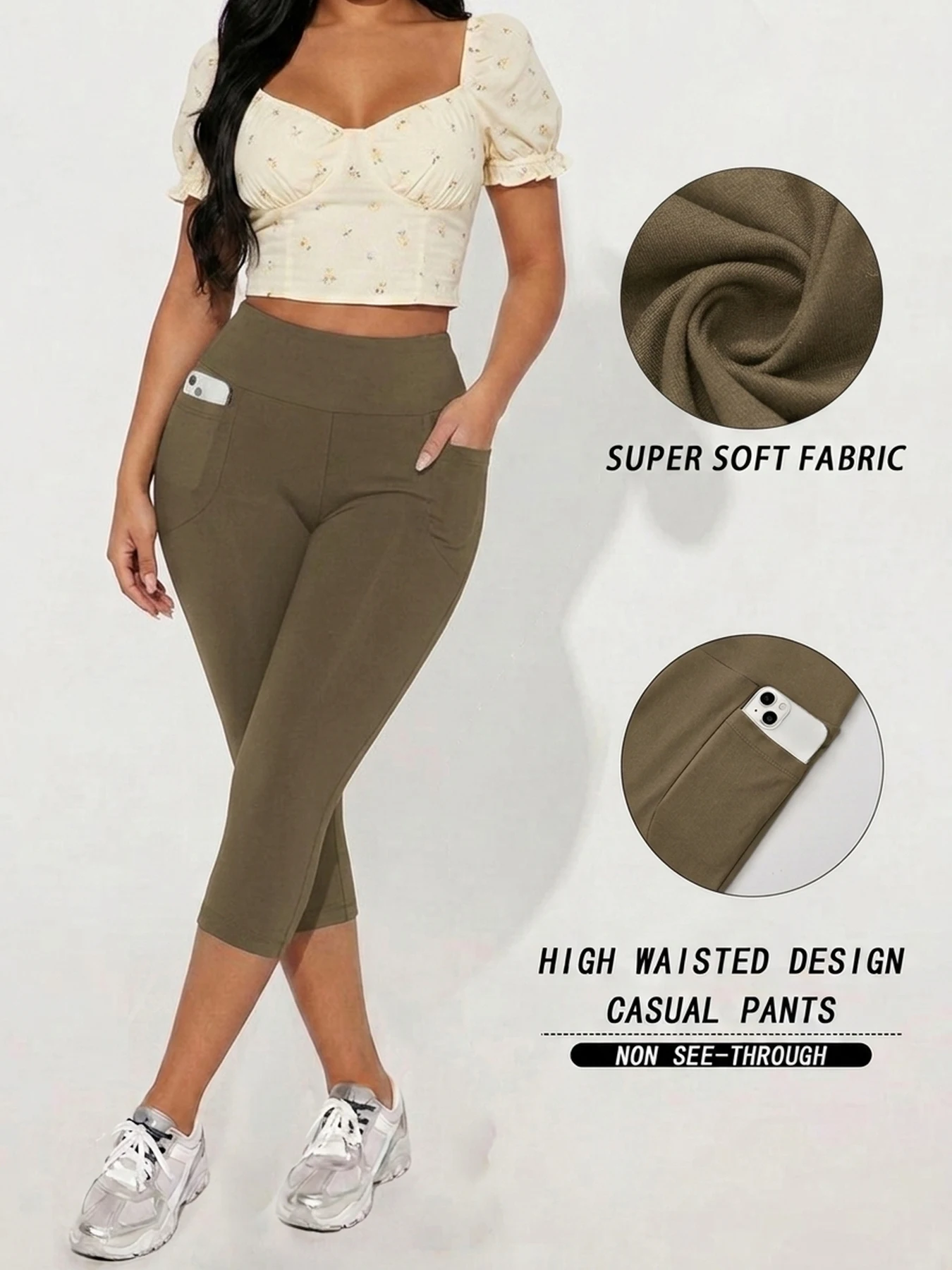 Hochgeschnittene Caprihosen für Damen mit Taschen, Superweiche Bauchkontrolle Workout-Lauf-Yoga-Sportleggings – Detail 11