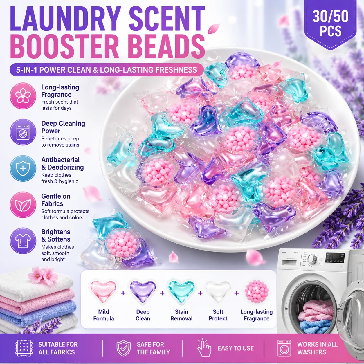 30/50Pcs 5‑in‑1 Laundry Detergent Pods Long‑Lasting Fragrance Washing Capsules for Household Dorm Apartment Laundry Cleaning