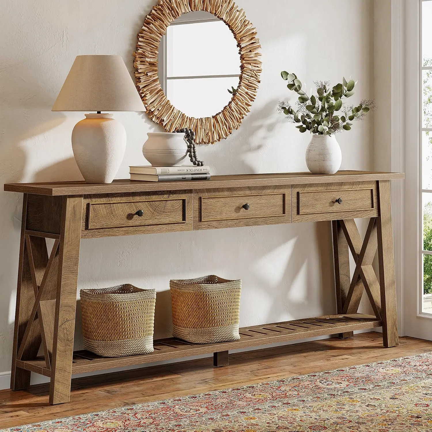 Extra Long Wooden Console Table with 3 Drawers & Bottom Shelf for Entryway Hallway Living Room, 70.87 Inches, Customized