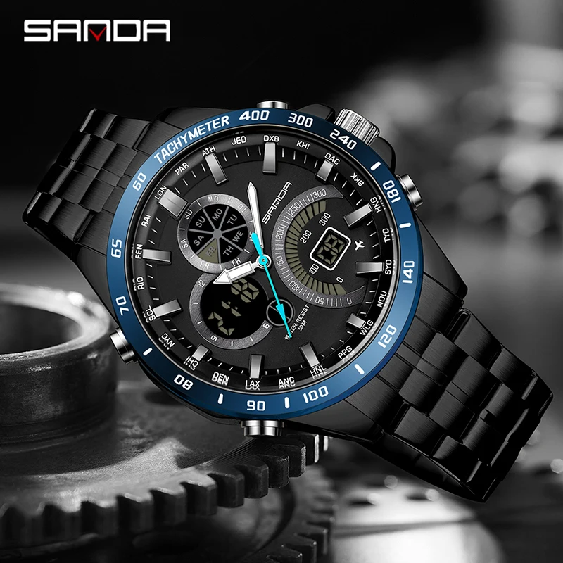 SANDA 3175 Men Sports Watch 30m Waterproof Digital Clock Stainless Steel Men Military Watch Army Quartz Watch Men Wristwatches