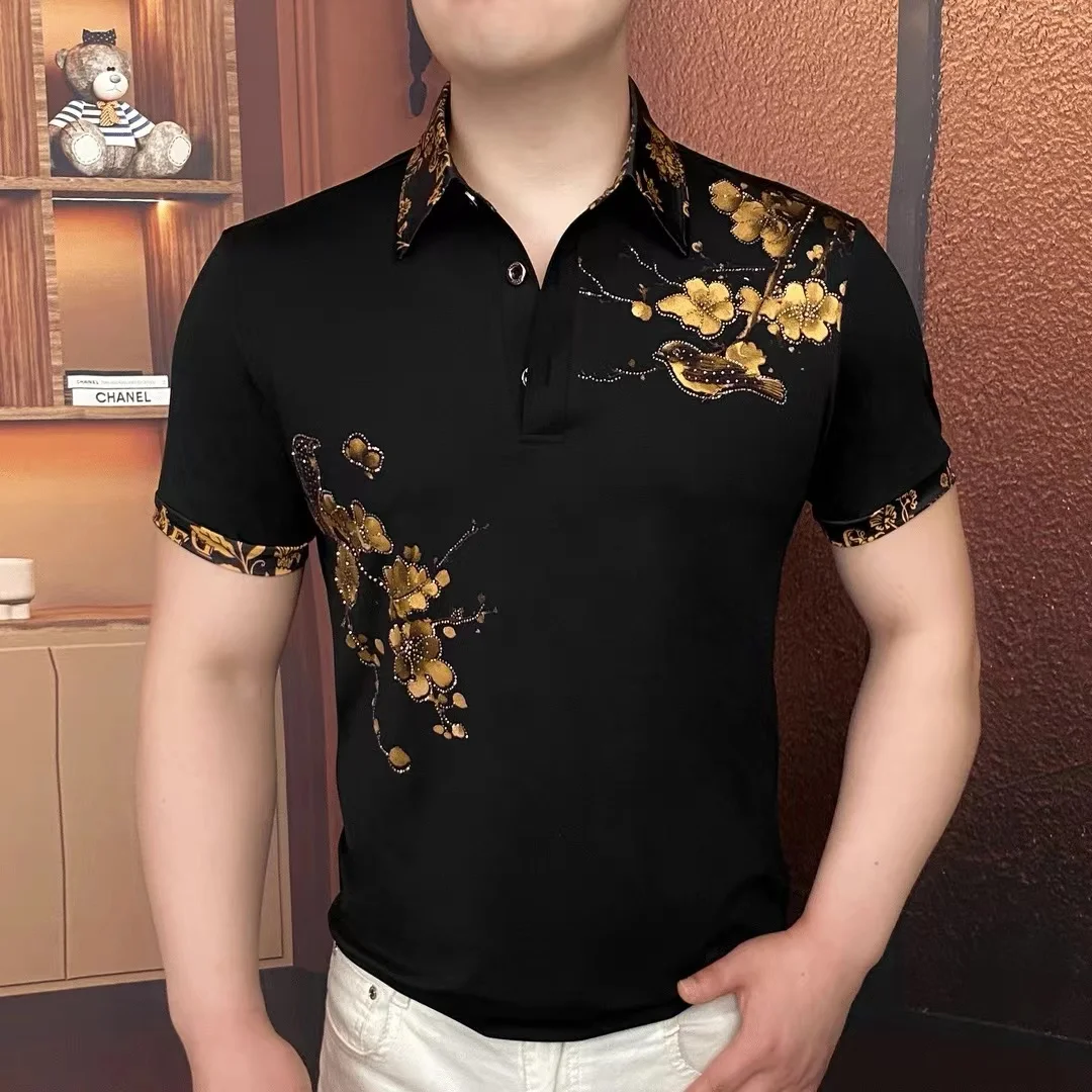 Luxury Flower Embroidered Rhinestone Lapel T-shirt Men Summer Short Sleeve Casual Business POLO Shirts Social Banquet Tshirts