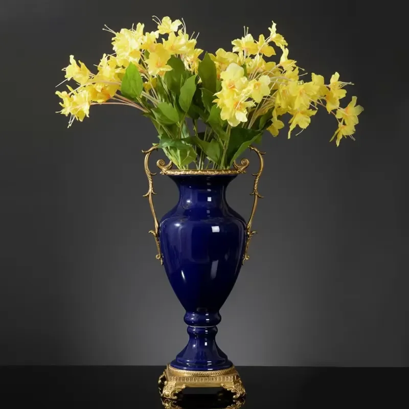 Cobalt Blue Flower Jar Handcrafted Vintage Brass Handle Porcelain Vase for Mansion Decor Antique Floral Handcrafted Pot