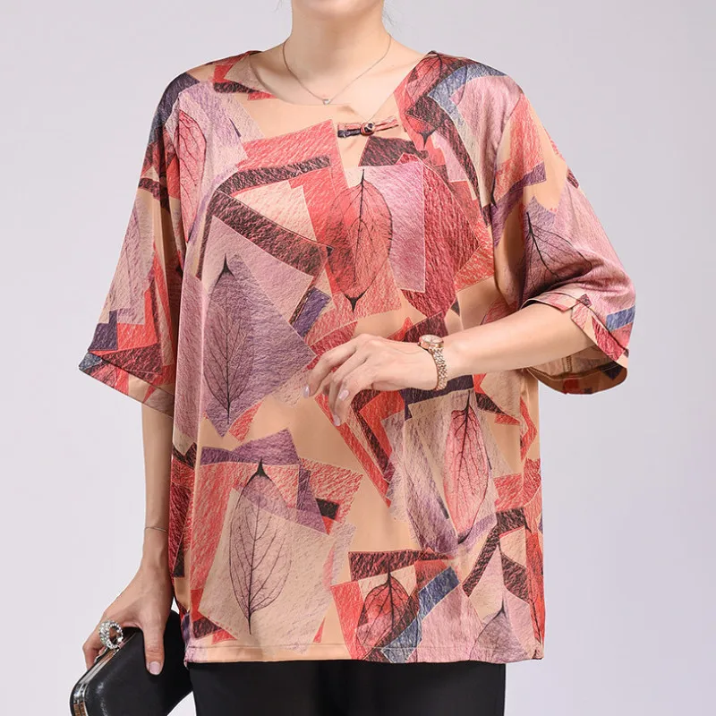 Women Summer Fashion Loose Large Size Silk Printing O-neck Short Sleeve Shirts Women Clothes Simplicity Fashionable Top Tee