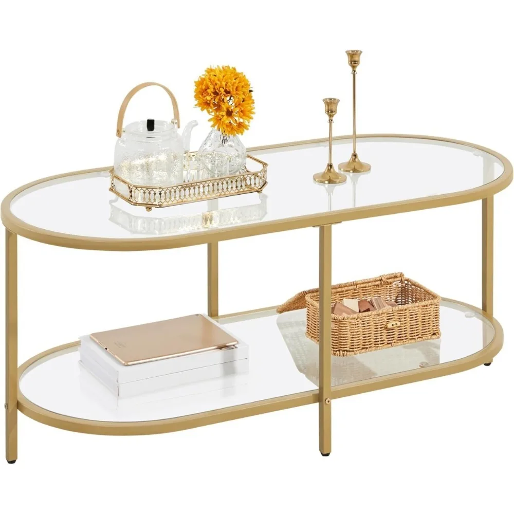 

Gold Coffee Table, 42" Oval Glass, 2-Tier Center with Storage Shelf & Metal Frame for Small Space, Tea Table