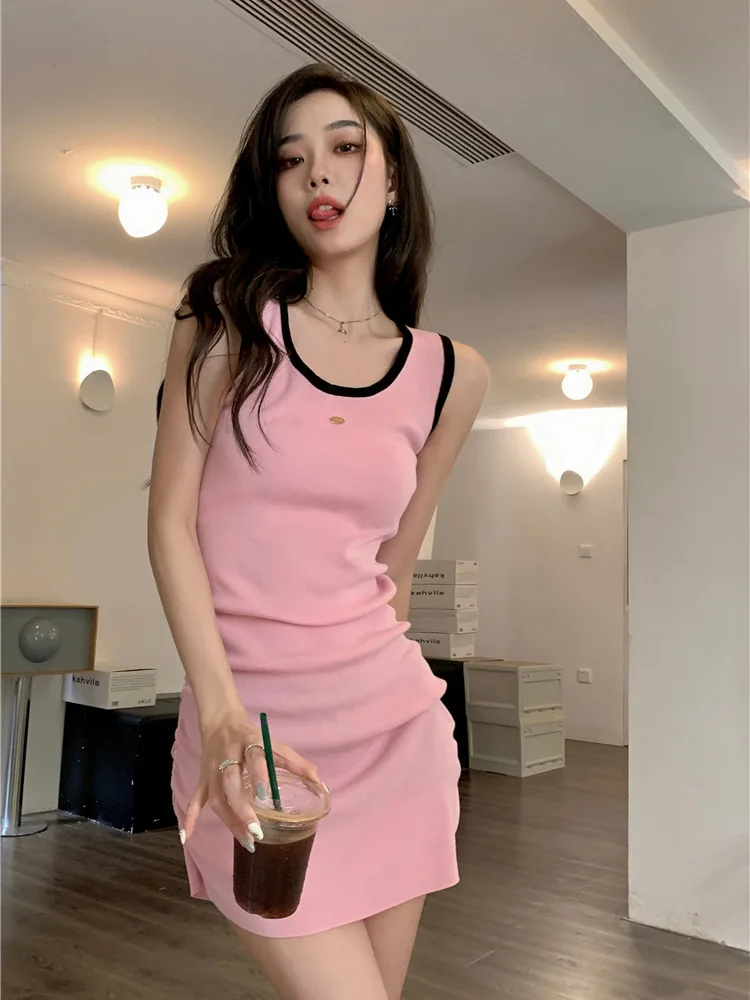 

Pink Sweet Girl Knitted U-neck Tank Top Pleated Dress Women's Korean Style Summer Slim Fit Wrap Hip Contrast Short Skirt O4ZZ