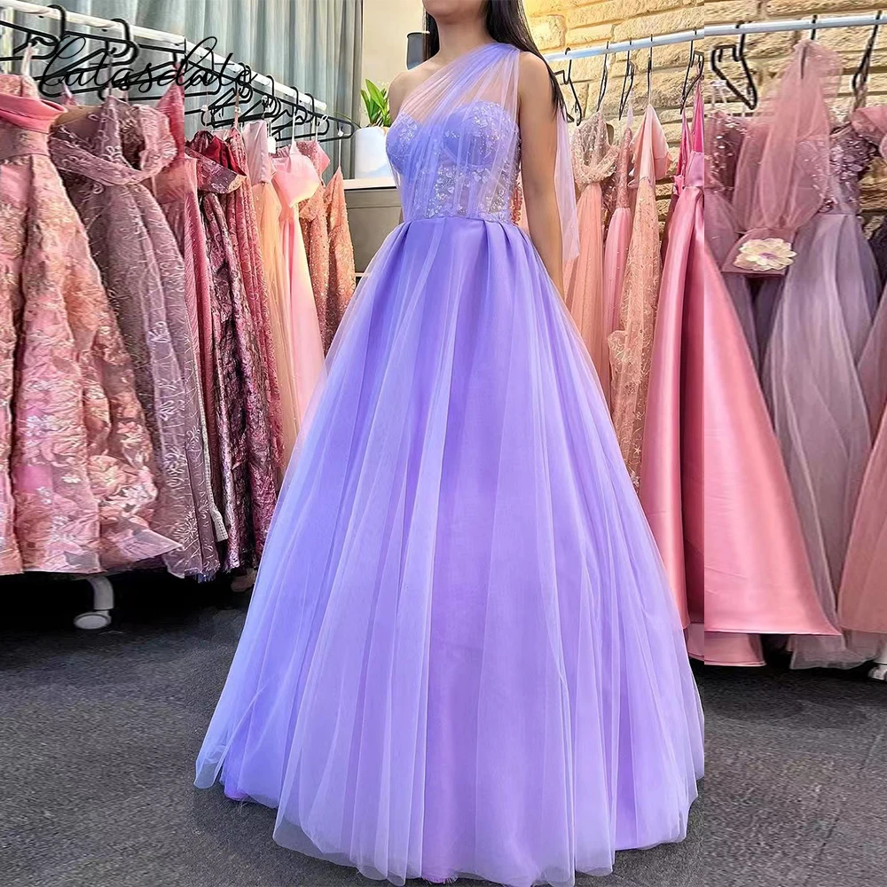 Catasdate-Vestido de noite com um ombro, Prom Party Gown, Linha Applique A, Lavanda, Natal, Formatura