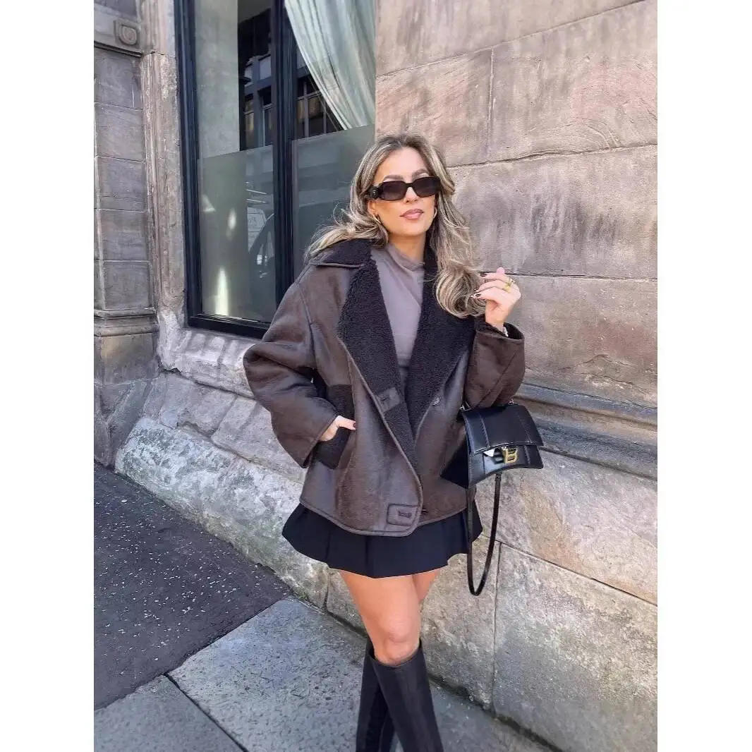 

New Autumn Winter Double-Sided Leather And Fur Jacket Light Brown Gold Embossed Women's Fashion Outerwear Coat