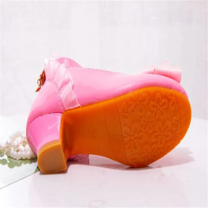 Children Party Leather Shoes Girls PU Low Heel Lace Flower Kids Shoes For Girls Single Shoes Dance Dress shoe White Pink