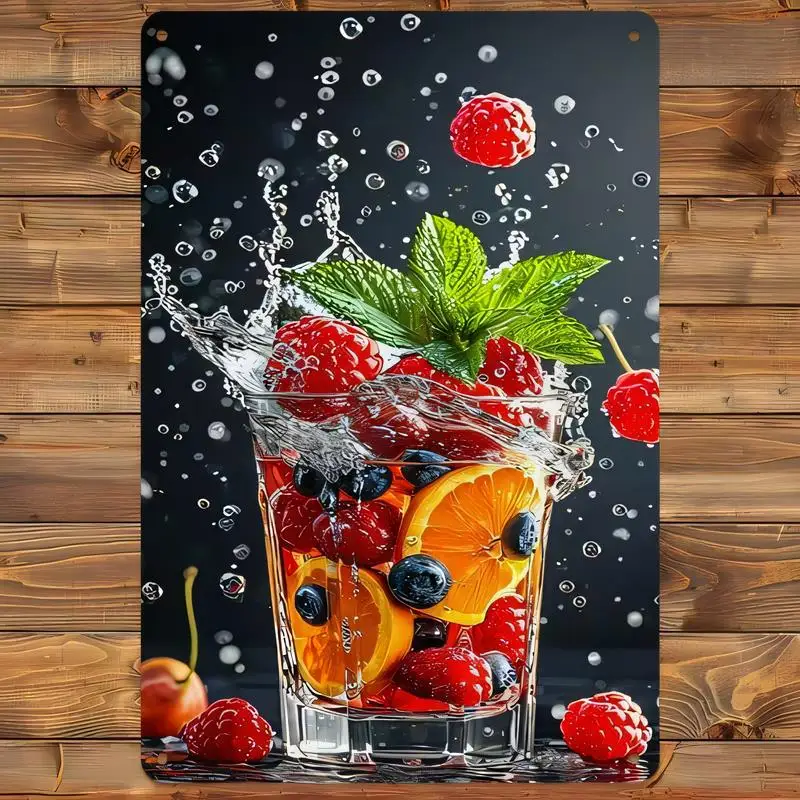 Vibrant Fruit Splash Metal Tin Sign - Raspberries, Orange, Blueberry & Mint, Dynamic Water Art, Iron, Kitchen/Café/Dining Room D
