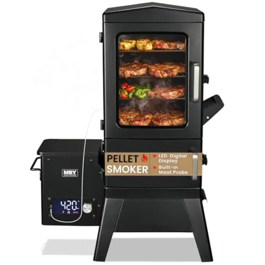 

Outdoor cooking pellet smoker grill with cover, stainless steel and black finish, precise LED temperature control, 616 sq in co