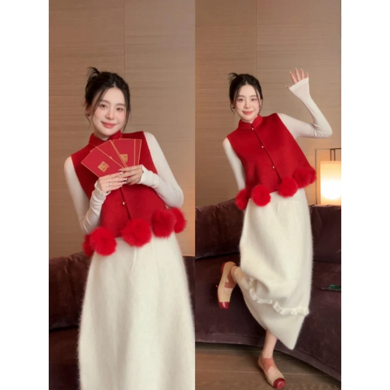 

Модный комплект из трех предметов: новый жилет в китайском стиле с красными шариками, юбка-база и топ для женщин на осень-зиму 2026