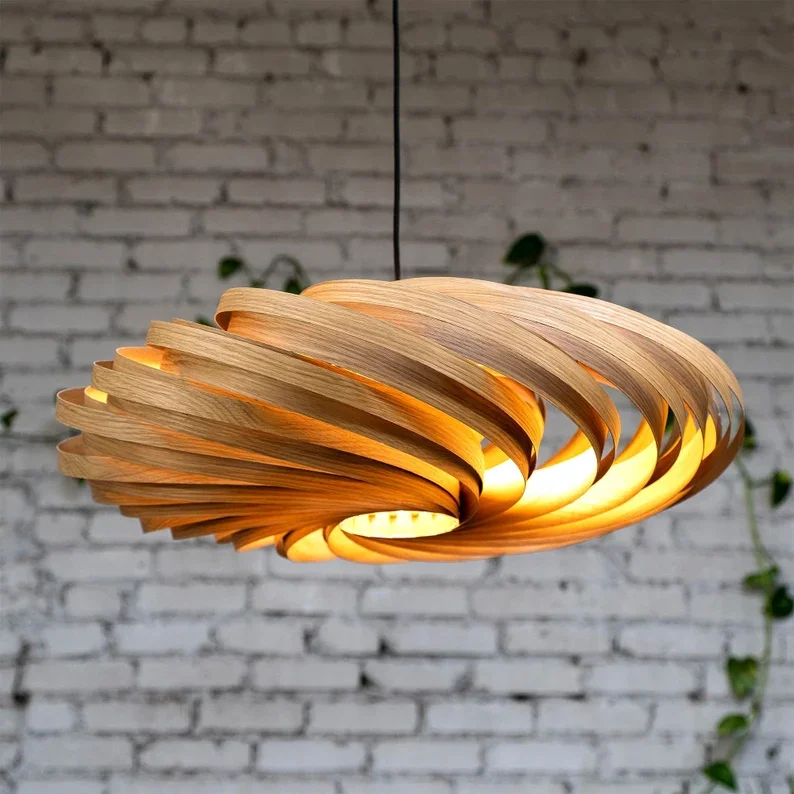 ！@Handcrafted Solid Wood Round Pendant Light with Curved Slat Spiral Frame Modern Interior Decor Lighting