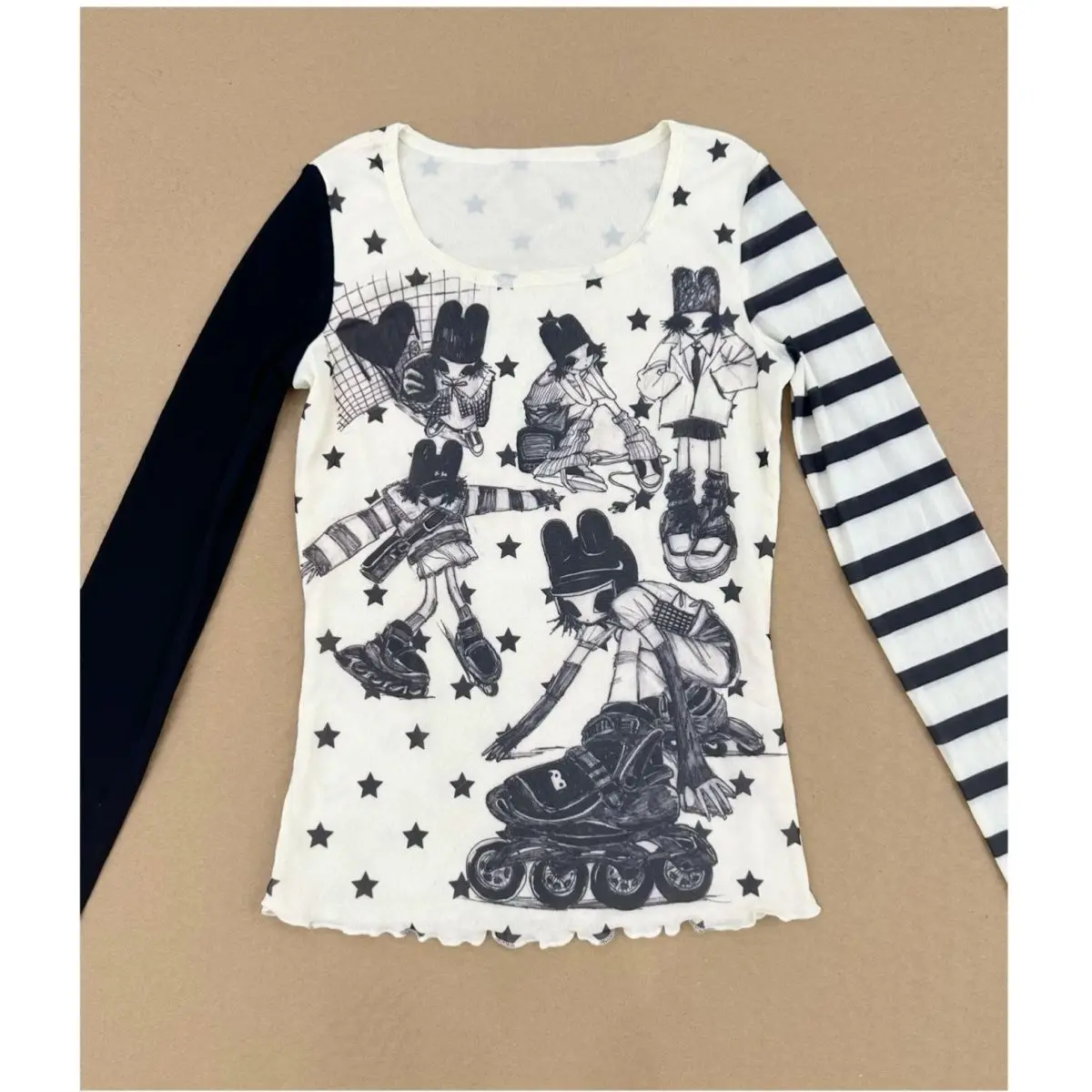 Gothic Patchwork Y2K 2000s Anime T-shirts Long-sleeve Aesthetic Tees Streetwear Slim Tops Girl Sweet Asymmetrical Design Tshirts
