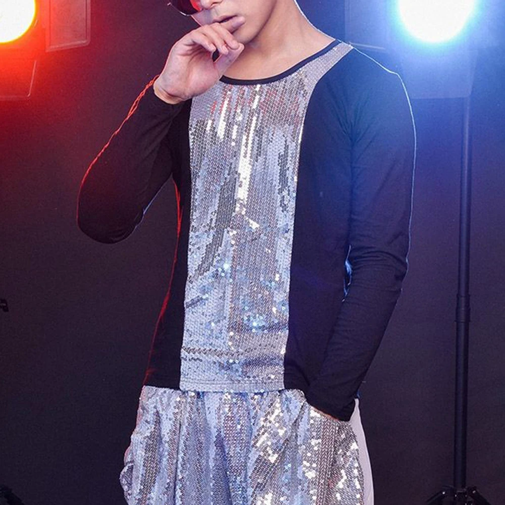 

Mens Spring Colorblock Sequin T Shirt Nightclubs Stage Performances Streetwear Fashion Ballroom Dj Youthful Niche Top Men'S Wear