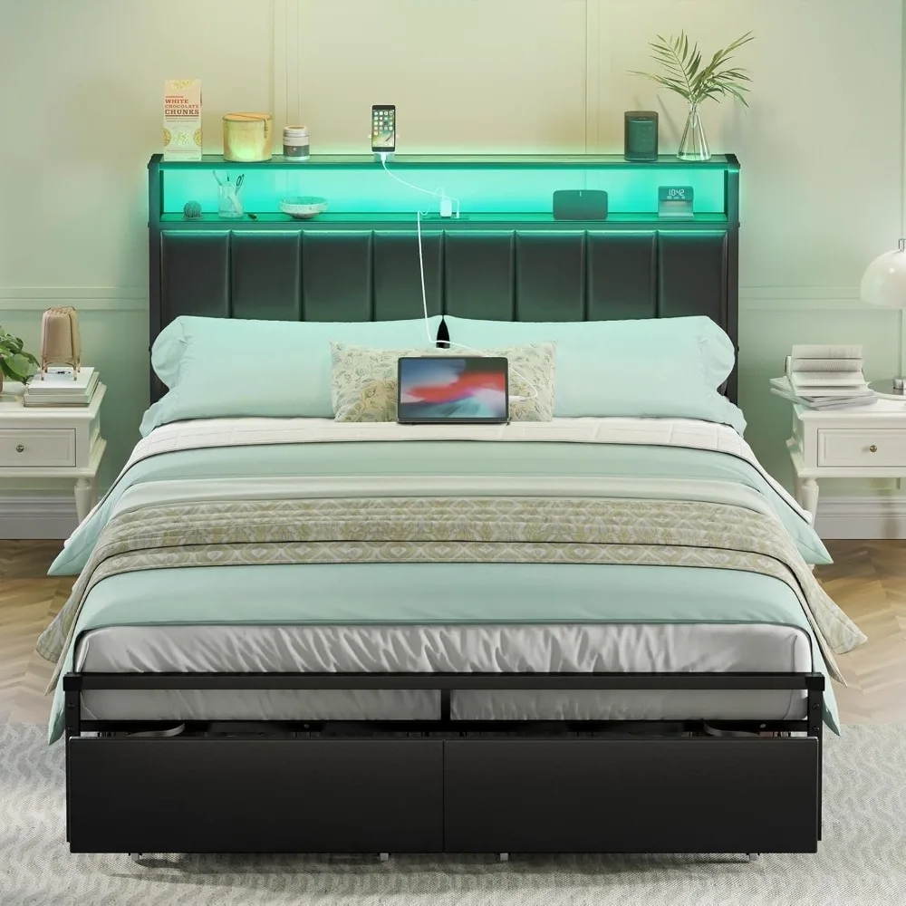 

LED Bed Frame with Drawers, Queen Platform Bed Frame with 2-Tier Storage & Leather Upholstered & Charging Station Headboard