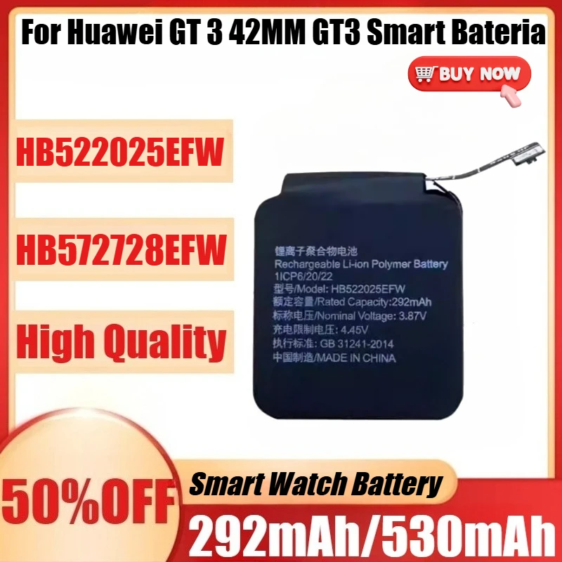 

New HB522025EFW 292mAh HB572728EFW 530mAh Replacement Watch Battery For Huawei GT 3 42MM GT3 Smart Bateria