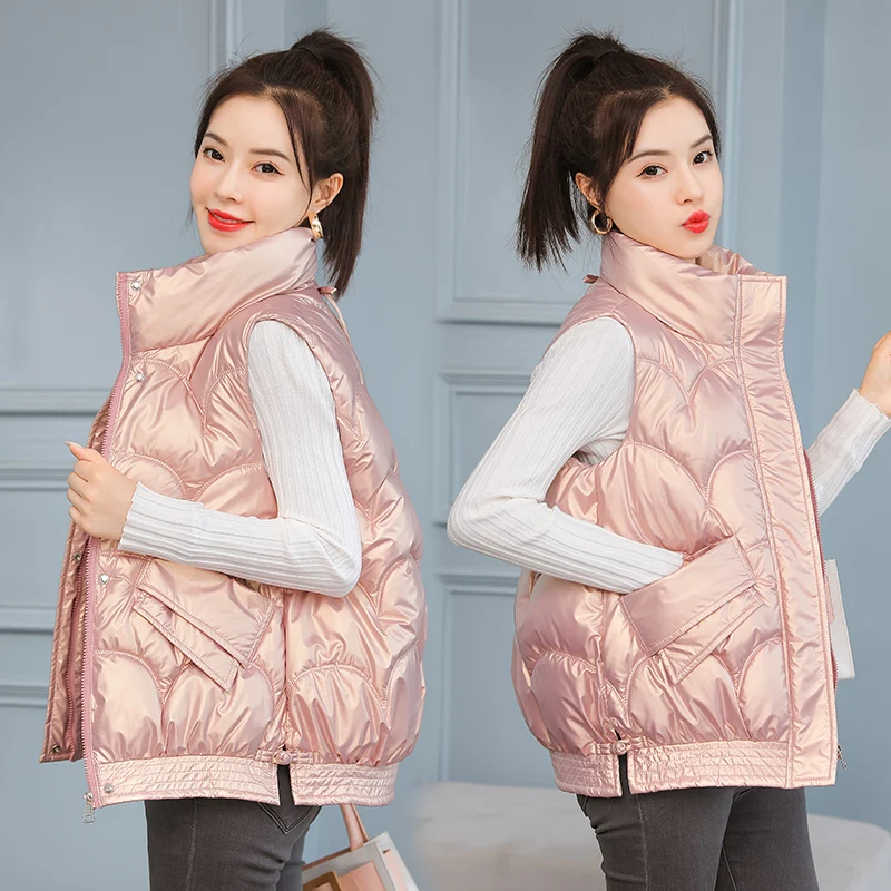 

Spring Autumn Winter Korean Fashion Casual Female Nice Warm Glossy Vest Outerwear Woman Kawaii Shiny Waistcoat Cheap Wholesale