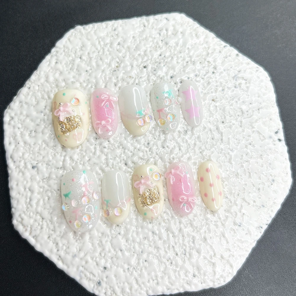Cute Cheese Cherry Pink Handmade Press On Nails Bow Ice Cream Dreamy Hand-Painted Collection Fake Nails Removable Reusable