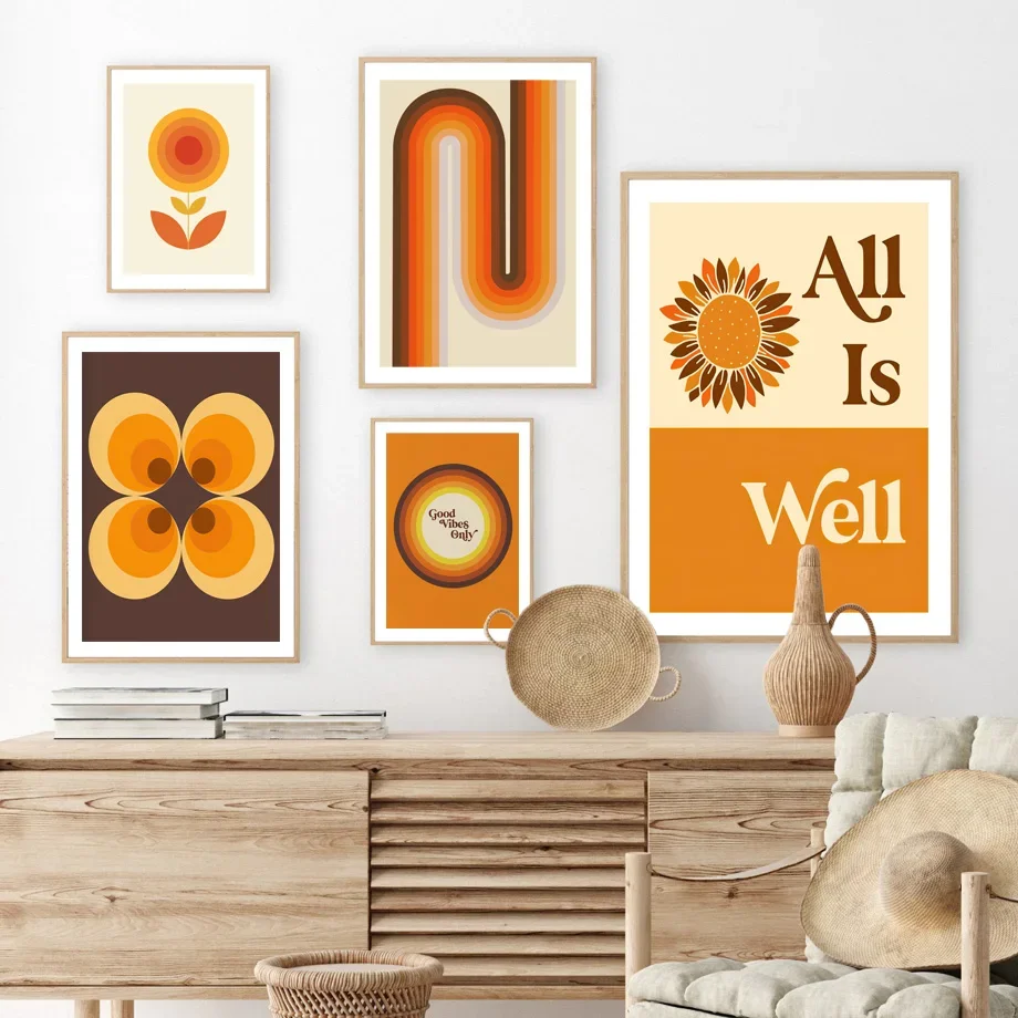

Retro 70s Stripes Art Prints Abstract Poster Canvas Painting with Geometric Lines Flower & Sunshine Motifs for Living Room Decor