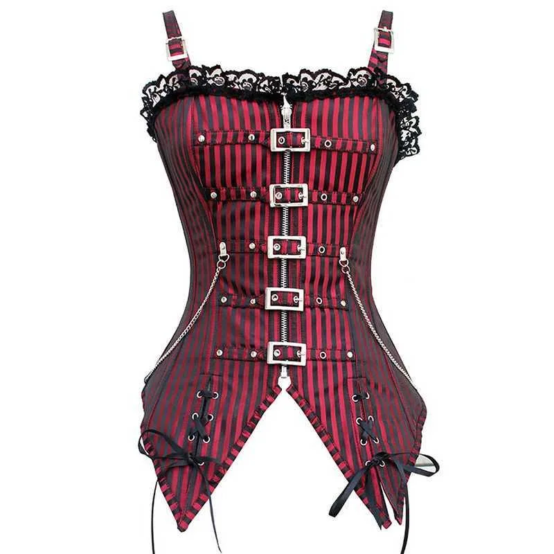 Red and Black Striped Belly Shaping Shirt Gothic Zipper Tops Spicy Girl Tube Top Female Festival Clothing Bodysuit Sexy Bustier