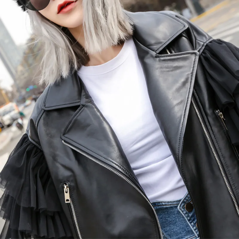 Lady Fashion Real Leather Jacket New Styles Genuine Sheepskin Leather Women  Tiered Tulle Sleeve Moto Jacket S7547