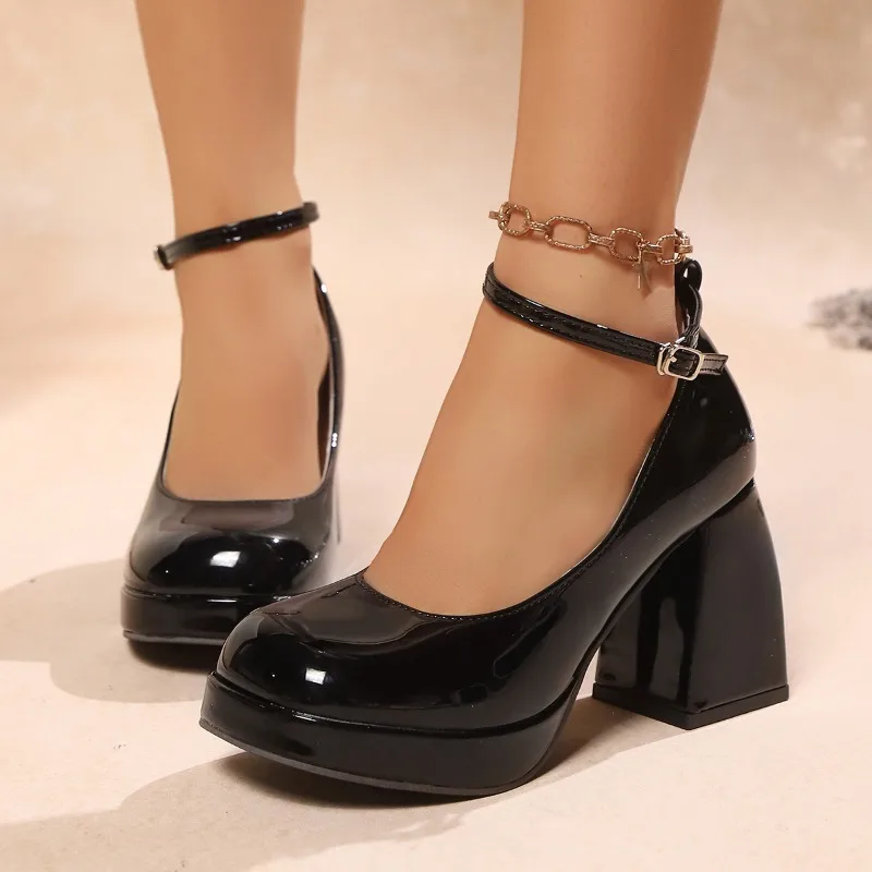 

Women's High Heels Sing Shoes Quality Patent Leather Ankle Strap High Heels Classic Round Toe Mary Jane Shoe Wedding Bride Shoes