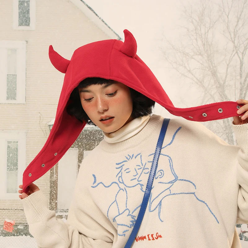 Little Devil Ear Hats for Women 2023 Japanese Harajuku Ear Protection Lei Feng Caps for Men Winter Warm Pullover Bomber Hat