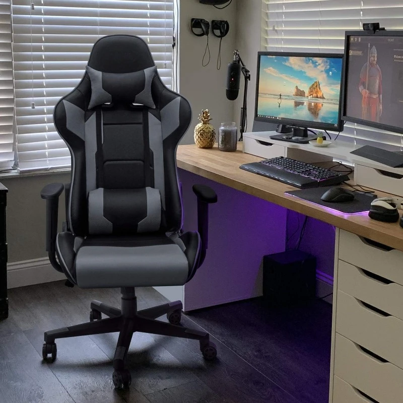 Gaming Chair, Office Chair High Back Computer Swivel Task Chair with Headrest and Lumbar Support (Grey)，home.