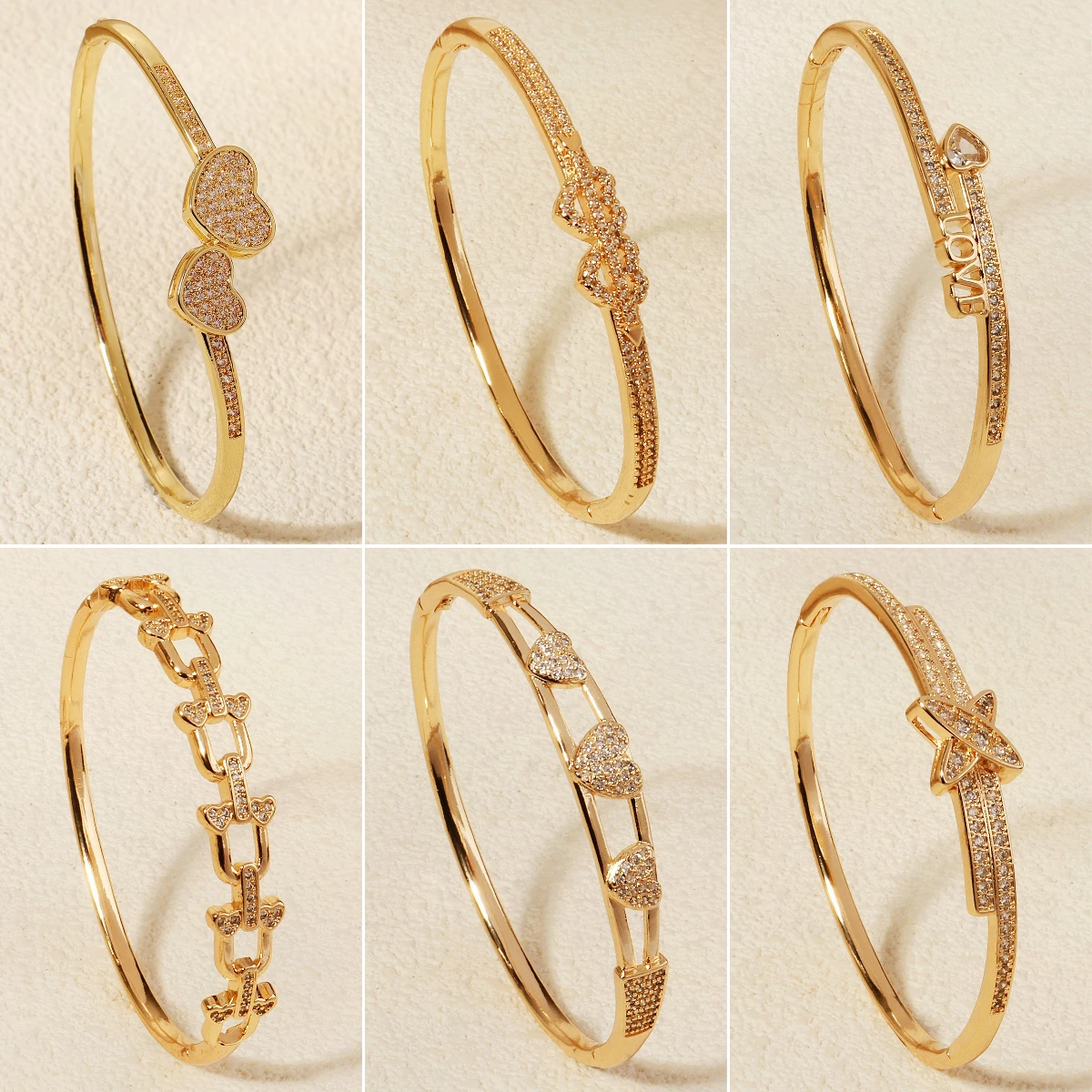 

Golden Love Trendy Copper with Zirconia Bracelet Heart Women's Nail Bracelet Daily Jewelry Bangles Mother's Day Gift for Mum