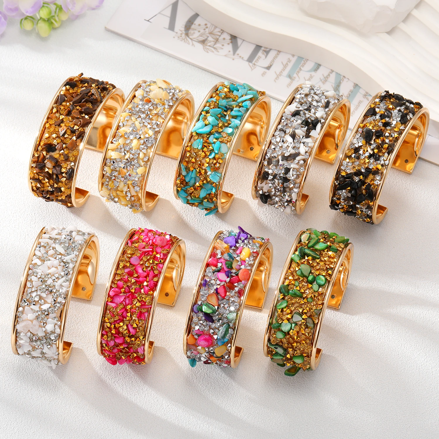 European Bohemian Stone Zircon Bangle Cuff Bracelet For Women New Trendy Gold Color Rhinestone Open Adjustable Wedding Jewelry