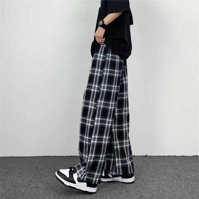 Hip Hop Man Pants Plaid Wide Leg Pants Casual Straight Trousers for Male/ Harajuku Elastic Waist Spring and Autumn Men Clothing