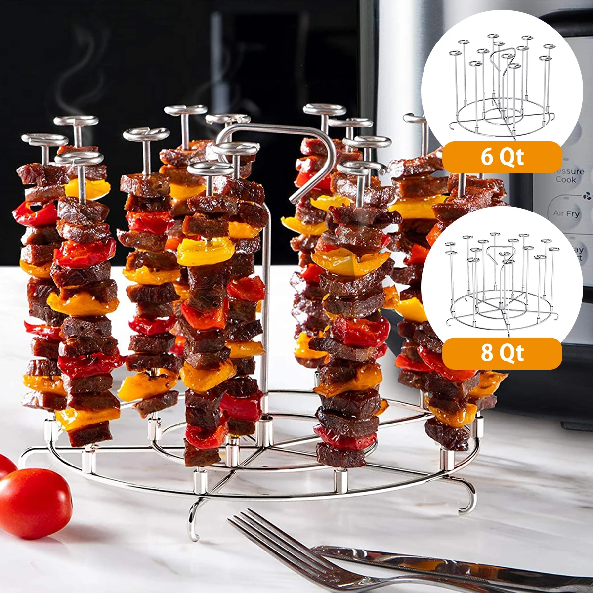 Air Fryer Barbecue Vertical: Soporte Redondo De 6 Pulgadas Para Brochetas, Acero Inoxidable 304. Incluye 12 Brochetas Y Guantes Anti-quemaduras