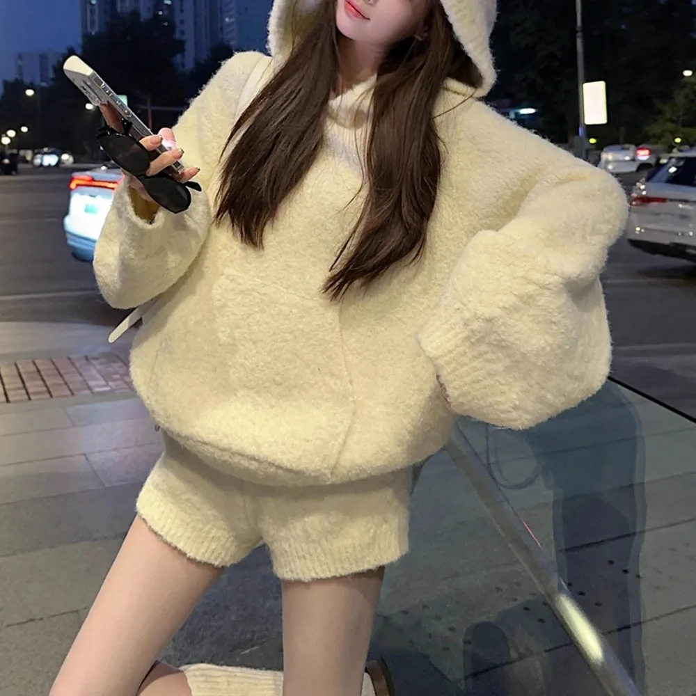 

Autumn Winter Knitted Women's Loose Hoodie Coat Japanese Korean Fashion Sweet Hoodie and Shorts Two Piece Set Sweatshirt