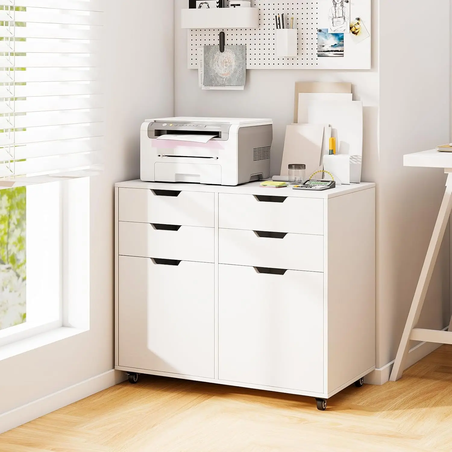 White Wooden Mobile File Cabinet 4 Drawers Rolling Printer Stand Under Desk Storage for Home Office, Customized