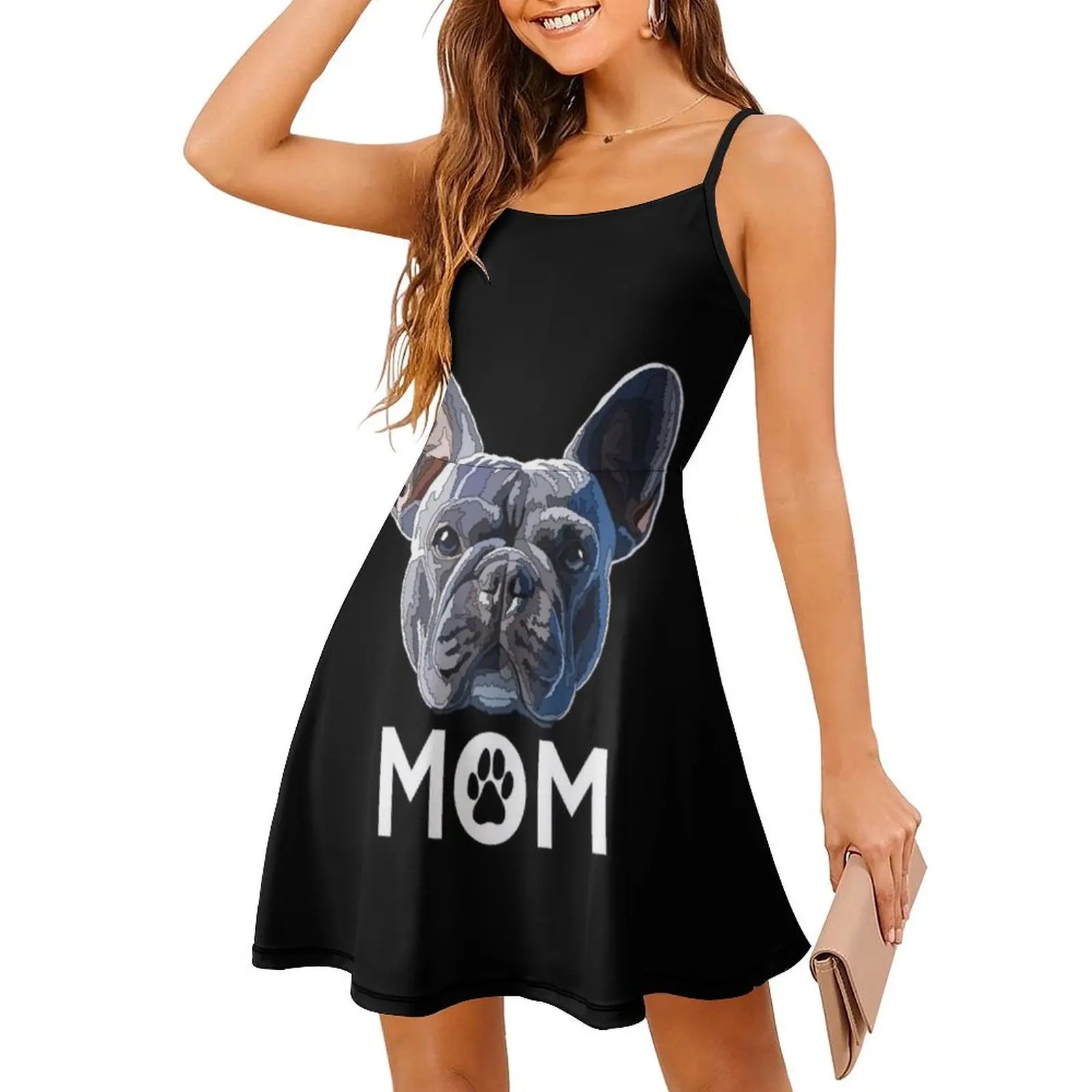 فستان أزرق Frenchie Mom مزين بالزهور للنساء للربيع والصيف فستان كاجوال للحفلات Frenchie French Bulldog Bulldog للسيدات